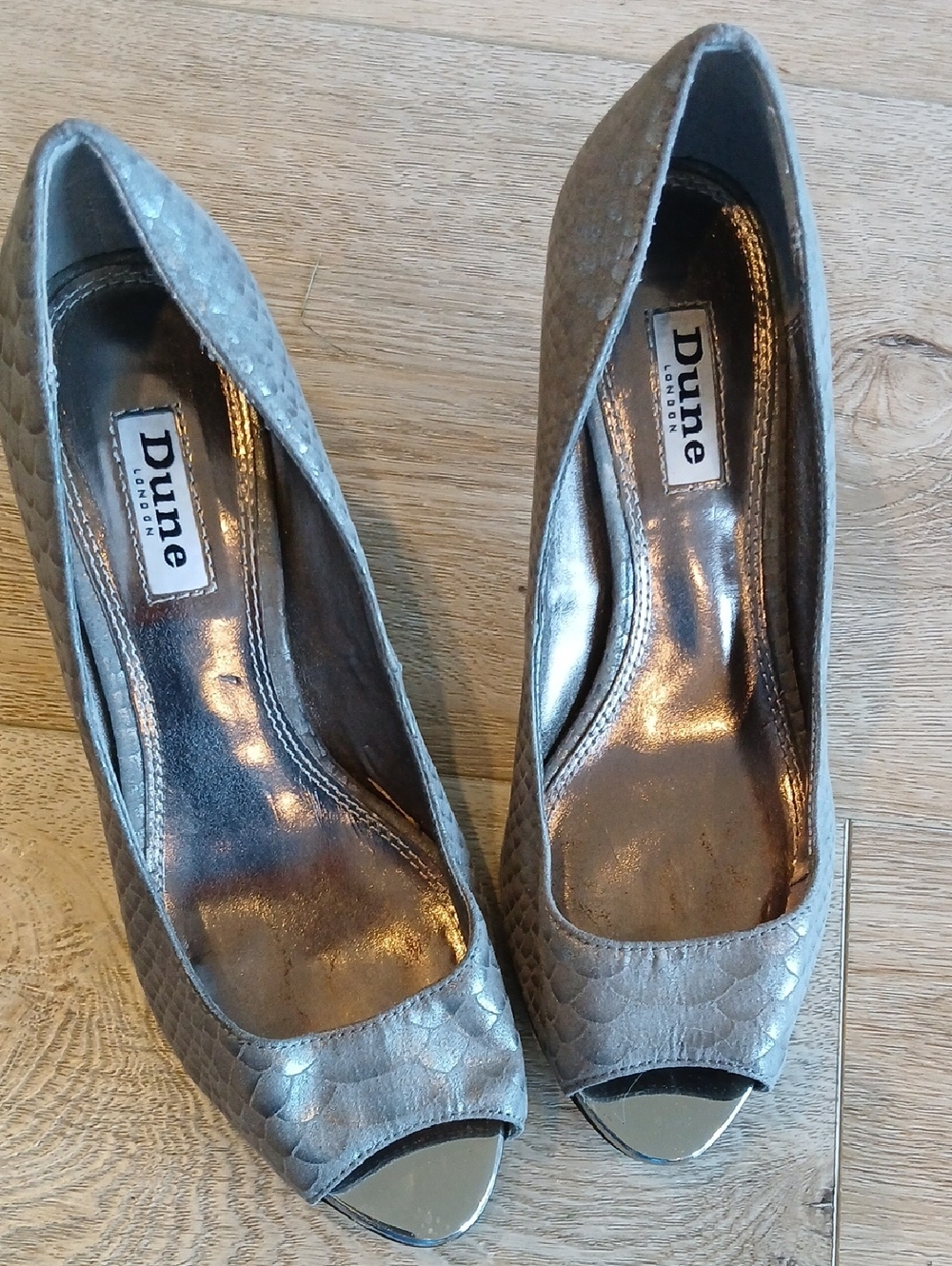 Dune London Silver-Grey Peep-Toe Heels 38